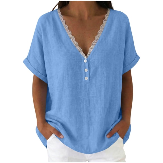 GUACER Womens V Neck Flowy Tee Blouses Lace Trim Short Sleeve Shirts Button Detail Casual Boho Summer Tunic Tops