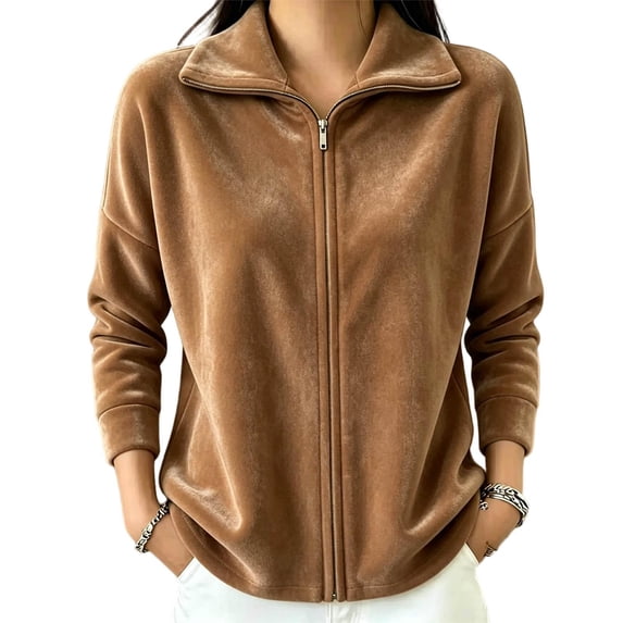 GUACER Womens Velvet Jackets Zip Up Vintage Collared Long Sleeve Outerwears Loose Solid Fall Winter Coats