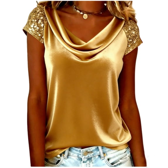 GUACER Womens Velvet T Shirts Fashion Sequin Sleeve Stack Collar Loose Fit Casual Short Sleeve Blouses