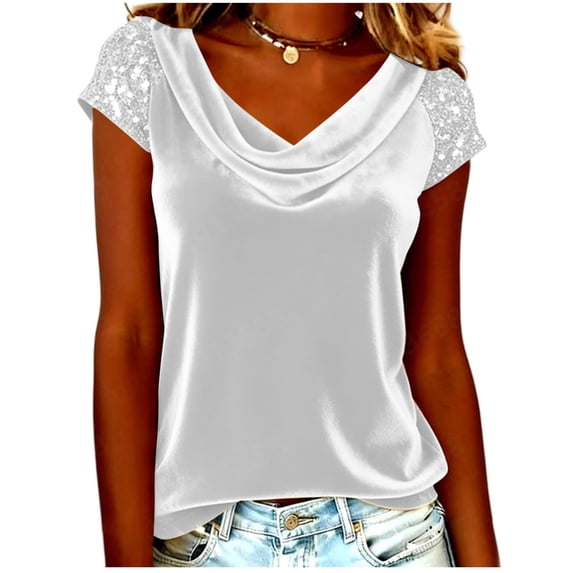 GUACER Womens Velvet T Shirts Fashion Sequin Sleeve Stack Collar Loose Fit Casual Short Sleeve Blouses