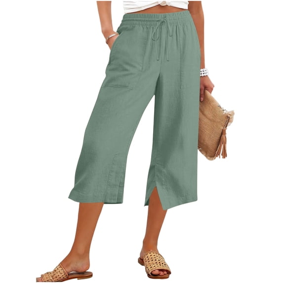GUACER Womens Wide Leg Capri Pants Elastic Waist Drawstring with Pockets Casual Linen Trousers with Side Slit