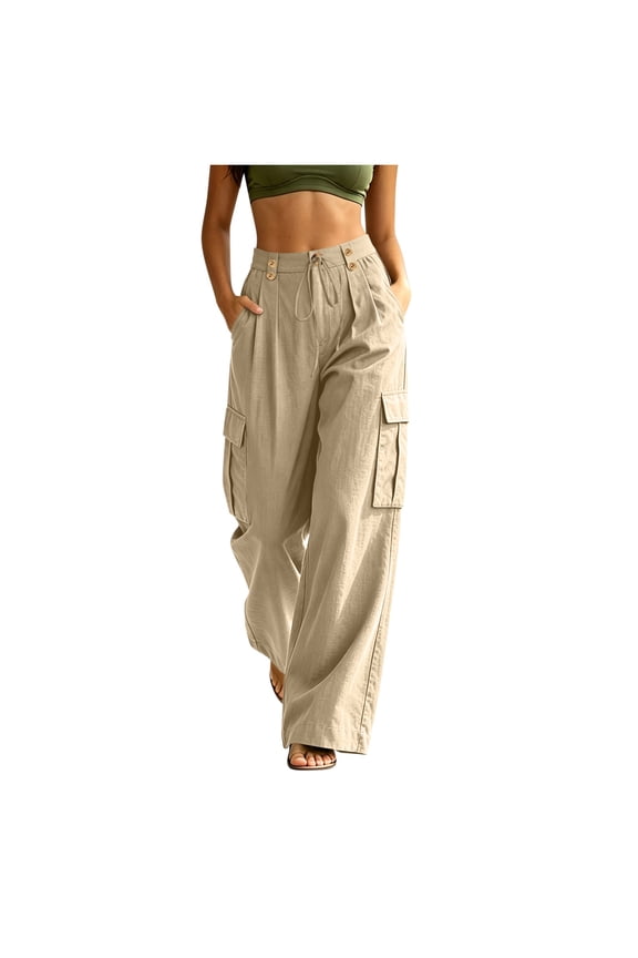 Womens Wide Leg Cargo Pants Button Waist Cotton Linen Casual Utility Trousers Pockets