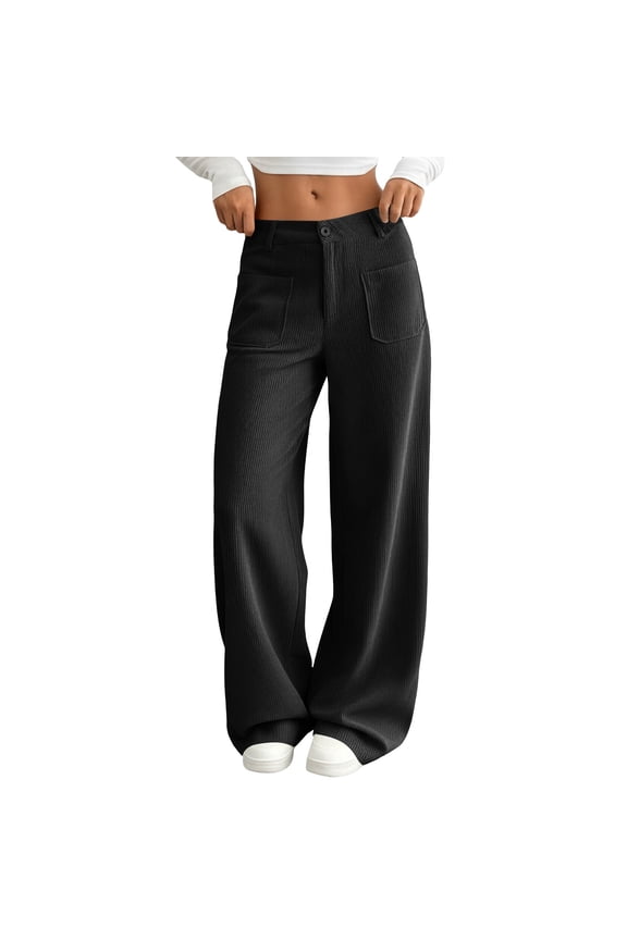 Womens Wide Leg Pants Ribbed Fabric Wide Leg Design Patch Pockets Button Fly Flowy Casual Pants