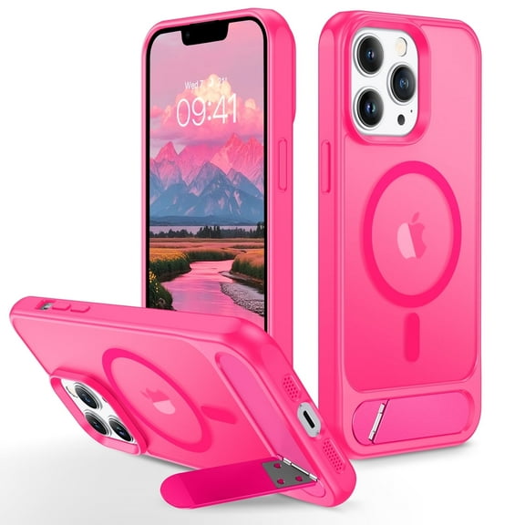 GUAGUA Case Compatible with iPhone 13 Pro, Built-in Invisible Stand, 6.1" Magnetic Phone Case with Stand [Compatible with Mag-safe] Translucent Skin-Like Soft Rose
