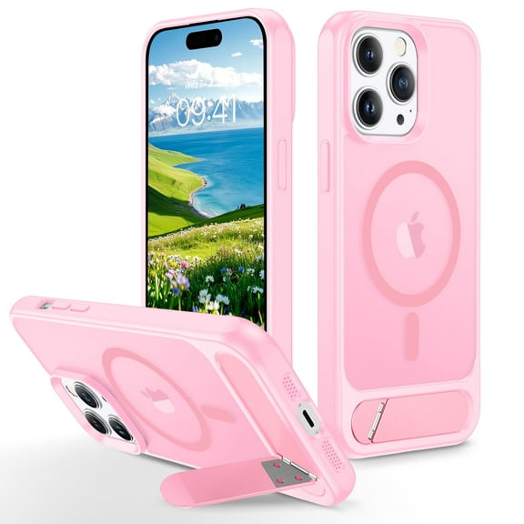 GUAGUA Case Compatible with iPhone 14 Pro Max, Built-in Invisible Stand, Magnetic Phone Case with Stand [Compatible with Mag-safe] Anti-Scratch Case Translucent Skin-Like Soft Pink