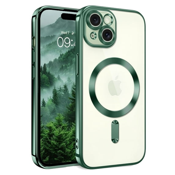 GUAGUA Case for iPhone 15 6.1", Electroplating Transparent with Magnetic, Drop Protection Scratch-Resistant Back Soft Cangling Green