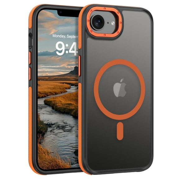 GUAGUA for iPhone 16e Phone Case Compatible with Mag-Safe 6.1" Matte Black Semi-Transparent Tpu Case for iPhone 16e Orange