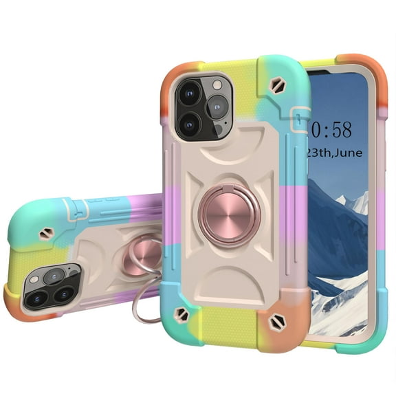 GUAGUA Case for iPhone XR 6.1" with Rotating Ring Stand, 3 in 1 Case Three Layer Sturdy Heavy Duty Shockproof Silicone+PC Protective Case for iPhone XR 6.1"