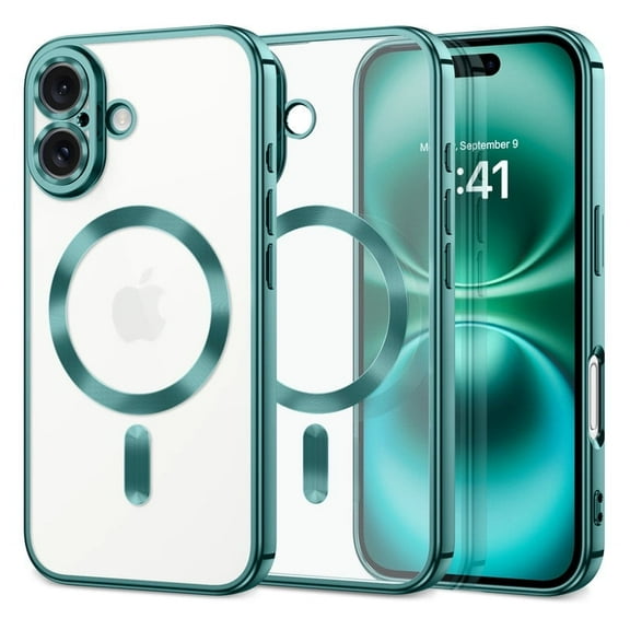 GUAGUA Magnetic Case for iPhone 16 Plus, Compatible with Mag-Safe, 6.7" Electroplating Transparent Drop Protection Scratch-Resistant Back Soft Phone Cover for iPhone 16 Plus Green