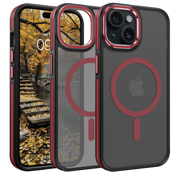 GUAGUA Magnetic for iPhone 15 Plus Case, Translucent Two-Color Phone Case for iphone 15 Plus, Slim Non-Slip Translucent Matte Mobile Cover Metal Lens Frame Black + Red PC+ TPU
