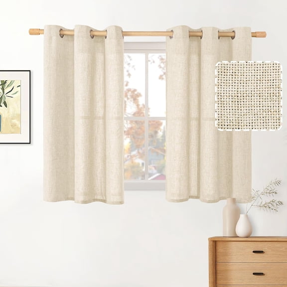 GUAJDE-36 Inch Short Curtains for Small Window, Light Filtering Linen Burlap Textured Window Treatments Grommet Sheer Drapes for Kitchen Cafe, 2 Panels, Beige, 42 X 36 Inch