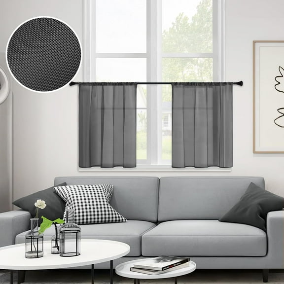 GUAJDE-Black Sheer Curtains 34 x 24 inch Length Kitchen Tier Short Curtains Light Filtering Rod Pocket Voile Cafe Curtains for Living Room Bathroom Small Half Window 2 Panels