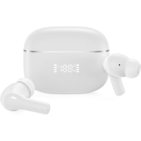 GUAJDE-Bluetooth 5.4 Wireless Earbuds, ANC ENC Noise Cancelling, Water Resistant, Microphone, LED Display (White)