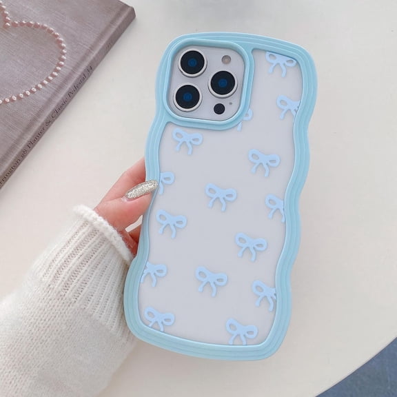 GUAJDE-Bow Case for iPhone 15 Pro, Clear Cute Ribbon Bow Phone Case Curly Wavy Aesthetic Phone Case, Slim Soft Transparent Shockproof Protective Cover for Women Girls - Blue
