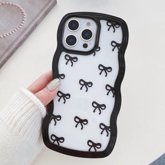 GUAJDE-Bow Case for iPhone 15 Pro, Clear Cute Ribbon Bow Phone Case Curly Wavy Aesthetic Phone Case, Slim Soft Transparent Shockproof Protective Cover for Women Girls - Black