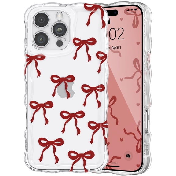 GUAJDE-Bow Case for iPhone 16 Pro Max, Cute Ribbon Bows Wavy Curly Frame Clear Phone Case for Girls Women, Aesthetic Bowknot Transparent Soft Silicone TPU Bumper Shockproof Protective Cover -Burgundy