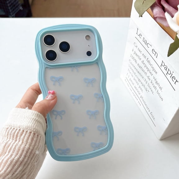 GUAJDE-Bow Case for iPhone 17 Pro Max, Clear Cute Ribbon Bow Phone Case Curly Wavy Aesthetic Phone Cover, Slim Soft Transparent Shockproof Protective Cover for Women Girls - Blue