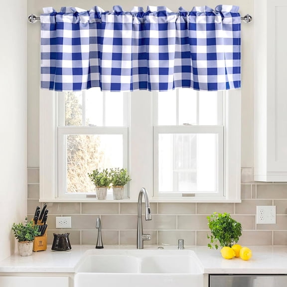 GUAJDE-Buffalo Plaid Valance for Windows - Blue and White Rod Pocket Curtian Valance Checkered Drape for Bedroom, Living Room, Dining Room, W60 x L18, 1 Panel