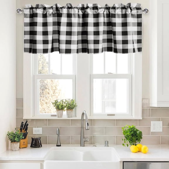 GUAJDE-Buffalo Plaid Valance for Windows - Rod Pocket Curtian Valance Checkered Drape for Bedroom, Living Room, Cafe, 60 x 18 Inches Length, Black and White, 1 Panel