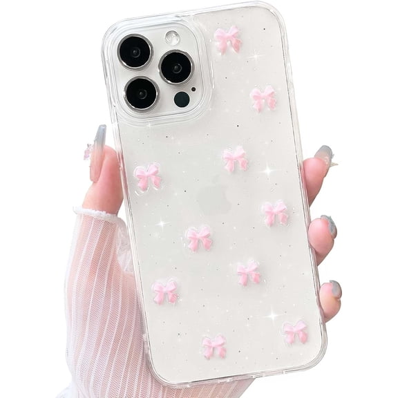 GUAJDE-Compatible with iPhone 14 Pro Max Case Clear Cute Sparkly 3D Bow Bling Glitter Bowknot for Women Girls Ultra Slim Anti-Yellow Protective Phone Cover - Pink