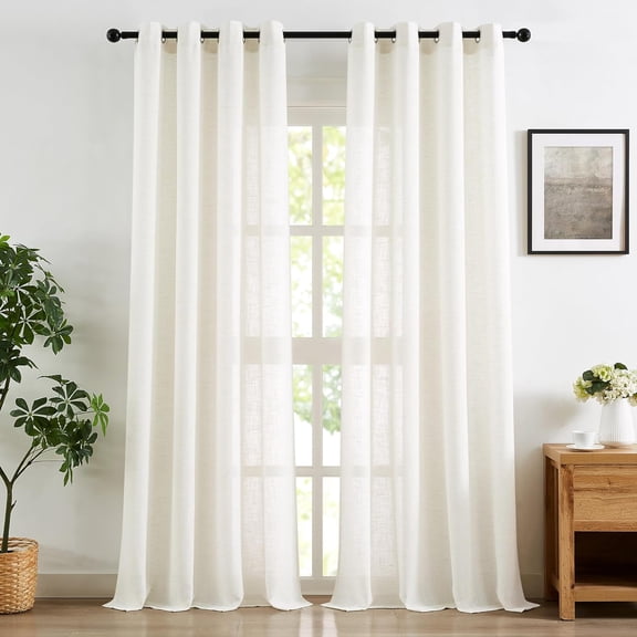 GUAJDE-Flax Linen White Semi Sheer Curtains for Living Room 52 x 84 Long Light Filtering Pricacy Window Drapery for Bedroom 2 Panels Grommet Top