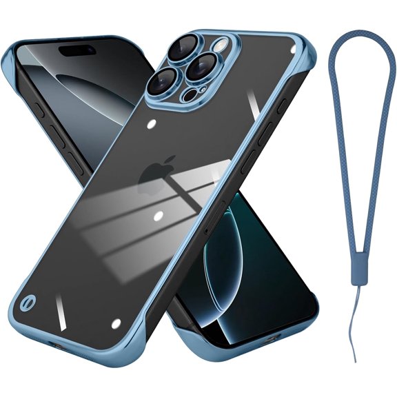 GUAJDE-Frameless Phone case Compatible with iPhone 16 Pro Max Case Transparent Electroplated Blue Frameless Design with Camera Lens Protection case