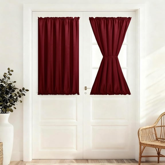 GUAJDE-French Door Curtains for Small Window, Rod Pocket Thermal Insulated Front Door Curtains for Glass Window/Sidelights, 52W x 40L Inches, 1 Panel, Burgundy