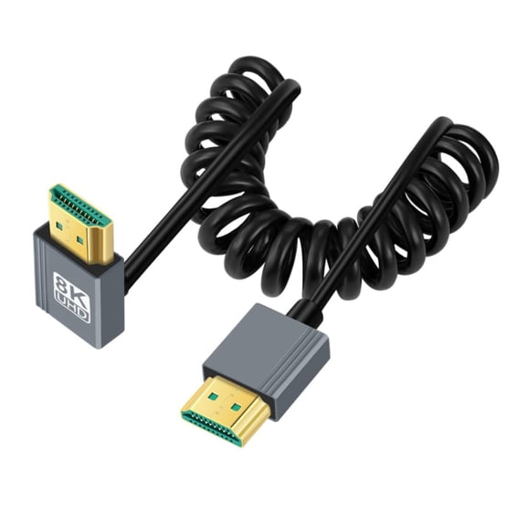 GUAJDE-HDMI 2.1 Coiled Cable,HDMI Male to Male 90 Degree UP Angled 8K@60Hz 4K@120Hz 48Gbps Ultra High-Speed Gold-Plated Cable 1.0M/3.28FT for TV, Monitor, Computer