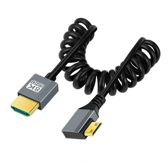 GUAJDE-HDMI 2.1 Coiled Cable,HDMI Male to Mini HDMI Male 90 Degree Right Angled 8K@60Hz 4K@120Hz 48Gbps Ultra High-Speed Gold-Plated Cable 1.0M/3.28FT for TV, Monitor, Computer