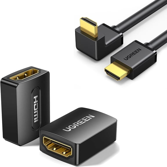 GUAJDE-HDMI Cable Right Angle 4K 90 Degree HDMI Cord High Speed Down Angle HDMI 2.0 Cable Bundle with HDMI Coupler 2 Pack, 4K@60Hz HDMI Female to Female Adapter HDMI 2.0 Extender