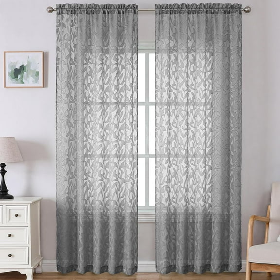 GUAJDE-Leia Charcoal Grey Sheer Curtains 108 Inches Long 2 Panels, Airy Jacquard Textured Voile Curtains, Gauzy Aesthetic Drapes with Dual Rod Pockets for Living Room Bedroom, Each 52" W x 108" L