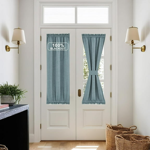 GUAJDE-Linen Door Curtain Panel, French Door Curtains 100% Blackout Thermal Insulated Sidelight Privacy Panels for Window/Living Room (25W by 40L inches, 1 Panel, Skylark Blue)