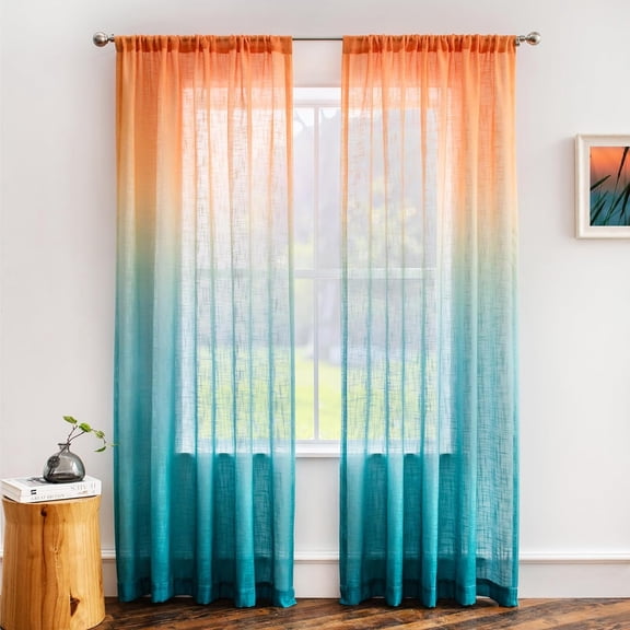 GUAJDE-Linen Textured Ombre Semi Sheer Curtains 96 Inches Long for Living Room Bedroom Sunset Rod Pocket Gradient Drapes, Orange Teal Green Turquoise Mint, 52 x 96 Inch (2 Panels)