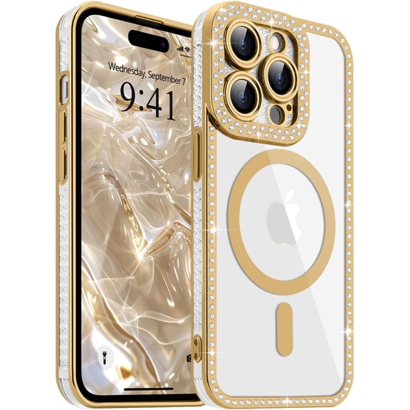 GUAJDE-Magnetic Clear Phone Case for iPhone 14 Pro, Compatible with Magsafe Luxury Glitter Rhinestone Diamond Bumper Case Sparkly Slim Silicone TPU Shockproof Protective Cover for Girls Women, Gold