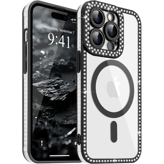 GUAJDE-Magnetic Clear Phone Case for iPhone 14 Pro, Compatible with Magsafe Luxury Glitter Rhinestone Diamond Bumper Case Sparkly Slim Silicone TPU Shockproof Protective Cover for Girls Women, Black