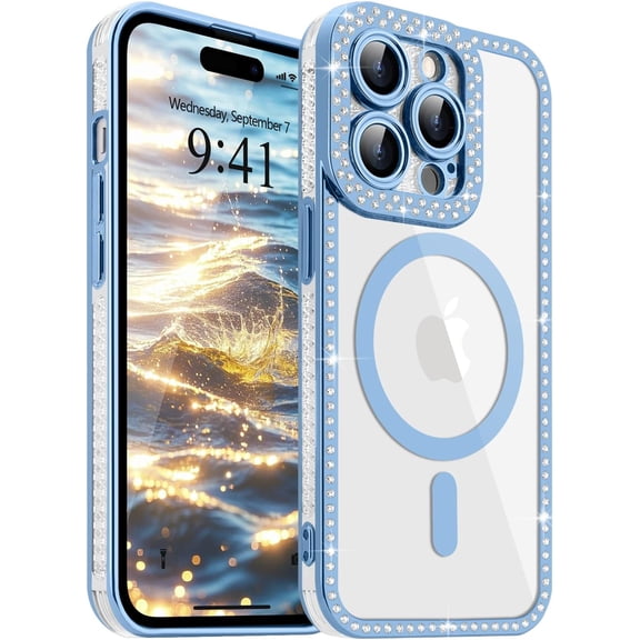 GUAJDE-Magnetic Clear Phone Case for iPhone 14 Pro, Compatible with Magsafe Luxury Glitter Rhinestone Diamond Bumper Case Sparkly Slim Silicone TPU Shockproof Protective Cover for Girls Women, Blue