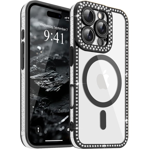 GUAJDE-Magnetic Clear Phone Case for iPhone 16 Pro, Compatible with Magsafe Luxury Glitter Rhinestone Diamond Bumper Case Sparkly Slim Silicone TPU Shockproof Protective Cover for Girls Women, Black
