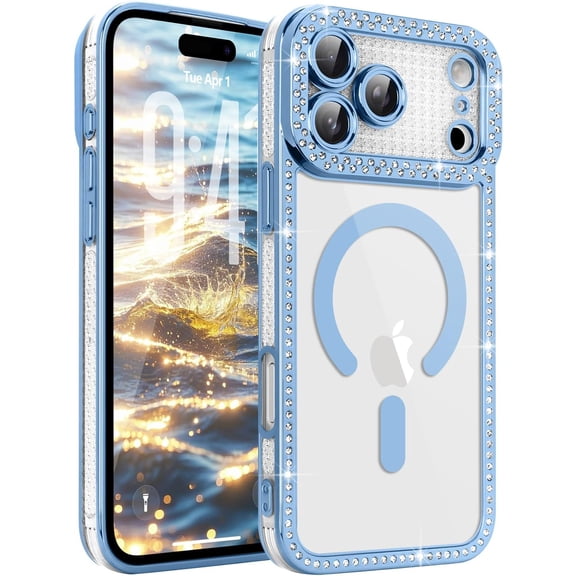 GUAJDE-Magnetic Clear Phone Case for iPhone 17 Pro, Compatible with Magsafe Luxury Glitter Rhinestone Diamond Bumper Case Slim Silicone TPU Shockproof Protective Cover for Girls Women, Blue