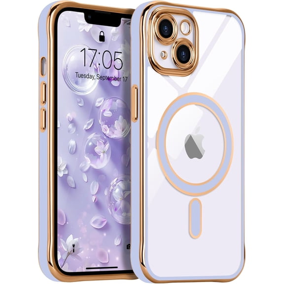 GUAJDE-Magnetic for iPhone 14 Case for iPhone 13 Case [Compatible with MagSafe] Full Camera Protector Luxury Plating Soft Clear Silicone for Women Men Shockproof Phone Cover for iPhone 13/14,Lavender
