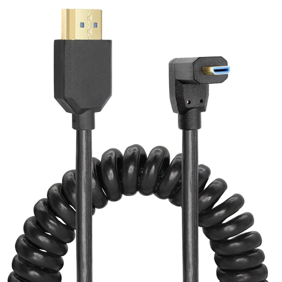 GUAJDE-Micro HDMI to HDMI Cable Coiled 8K HDMI 2.1 Telescopic Cable High Speed Cable Support 120Hz 48Gbps Dynamic HDR for Digital Cameras (Down Angle)