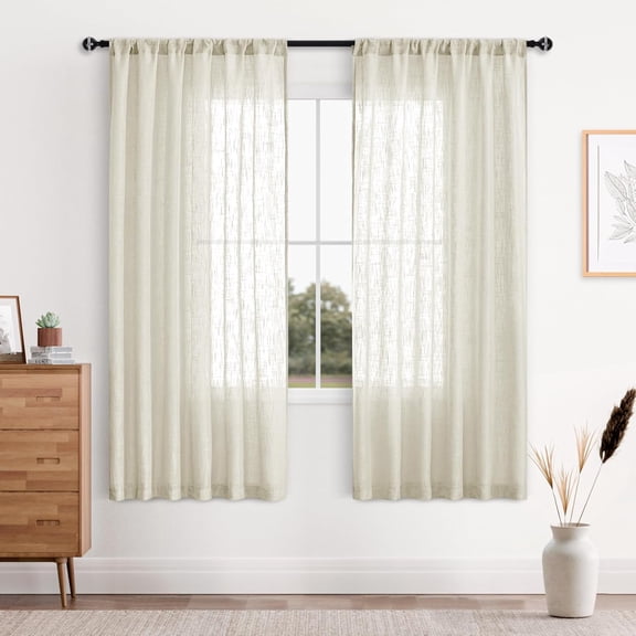 GUAJDE-Natural Linen Sheer Curtains Textured Weave Semi Sheer Curtains for Living Room Rod Pocket, Set of 2, Natural, 52 x 63 Inches