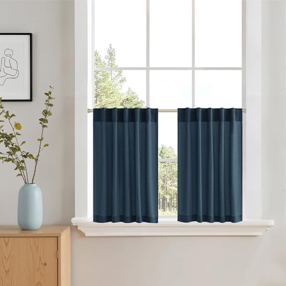 GUAJDE-Navy Blue Kitchen Cafe Curtains 30 Inch Length 2 Panels Set Back Tab Rod Pocket Light Filtering Linen Sheer Privacy Short Curtain Tiers for Bedroom Small Half Window Covering, 42W x 30L