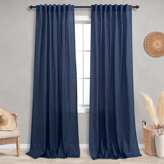 GUAJDE-Navy Blue Linen Curtains, Floor to Ceiling Dark Blue Sheer Curtains for Living Room Bedroom, 94 Inch Long