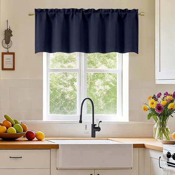 GUAJDE-Navy Blue Valance for Windows, Short Blackout Curtains for Bathroom/Laundry/Basement Windows with Rod Pocket, Thermal Insulated Solid Curtain Valance, Each 60Wx18L Inches, 1 Piece