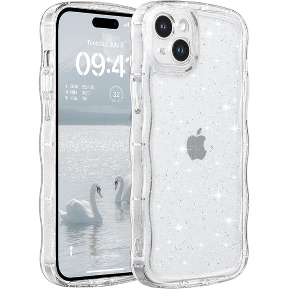GUAJDE-Phone Case for iPhone 13/14,Cute Clear Curly Wavy Frame Wave Case with Sparkly Bling Glitter,Non-Yellowing Transparent Acrylic Hard PC Cover for iPhone 14/13,Glitter Clear