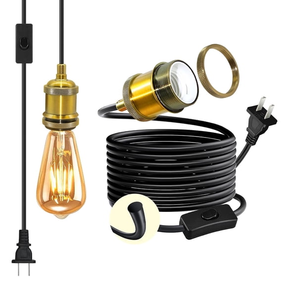 GUAJDE-Retro Brass Hanging Lamp with Plug in Cord 16.4 Ft, E26 Black Thicken Round Cable Pendant Lighting, Industrial Vintage Plug in Pendant Light Fixture, Gold Copper E27 Bulb Holder, for Island, N
