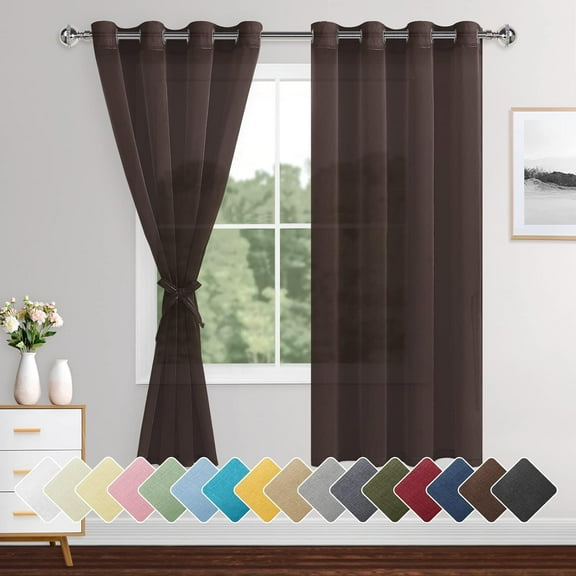 GUAJDE-Sheer Curtains for Bedroom, Semi Transparent Light Filtering Grommet Voile Textured Window Curtains for Living Room, Nursery with Tiebacks, Brown, 52 x 72 Inches Long, Set of 2 Panels