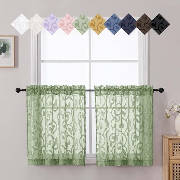 GUAJDE-Sheer Sage Green Kitchen Curtains Tier 24 Inch Length 2 Panels Set, Soft Airy Elegant Geometric Jacquard Small Window Curtains for Basement Bathroom Bedroom Kitchen, 2Pcs 42" Wx24 L Inch