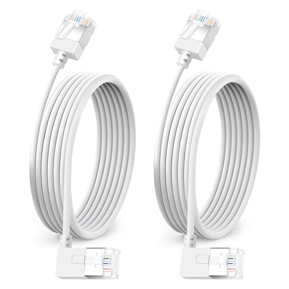 GUAJDE-Ultra Thin Cat 6A Ethernet Cable 90 Degree Right Angled 10 Feet 2Pack, 10Gbps High-Speed Network Slim Cable, 550Mhz, Rj45 Flexible Ethernet Cable, for PC, Router, Windows (White)