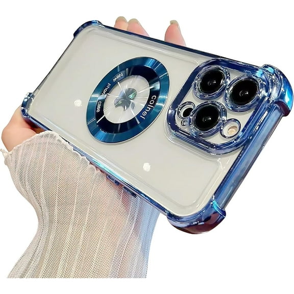 GUAJDE-for iPhone 12 Pro Magnetic Transparent Case,Luxury Bling Four Corners Shockproof Military-Grade Protection with Camera Lens Protector MagSafe Clear Plating Cover for Women Men-Blue